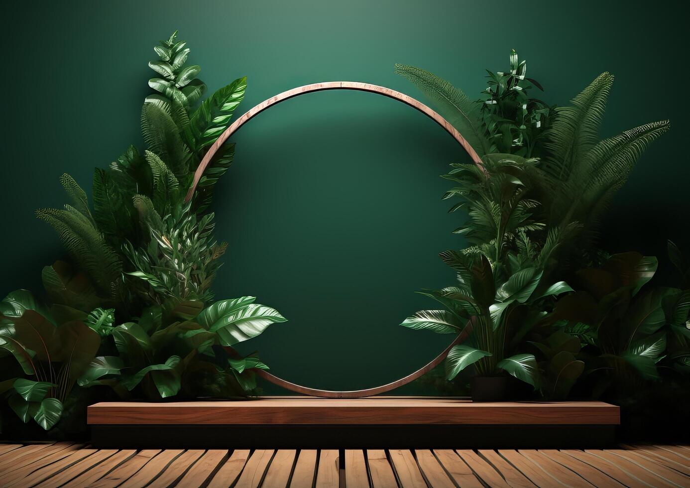 AI generated Cosmetics product advertising stand. Exhibition wooden podium on green background with leaves and shadows. Empty pedestal to display product packaging photo-realistic, realistic photo