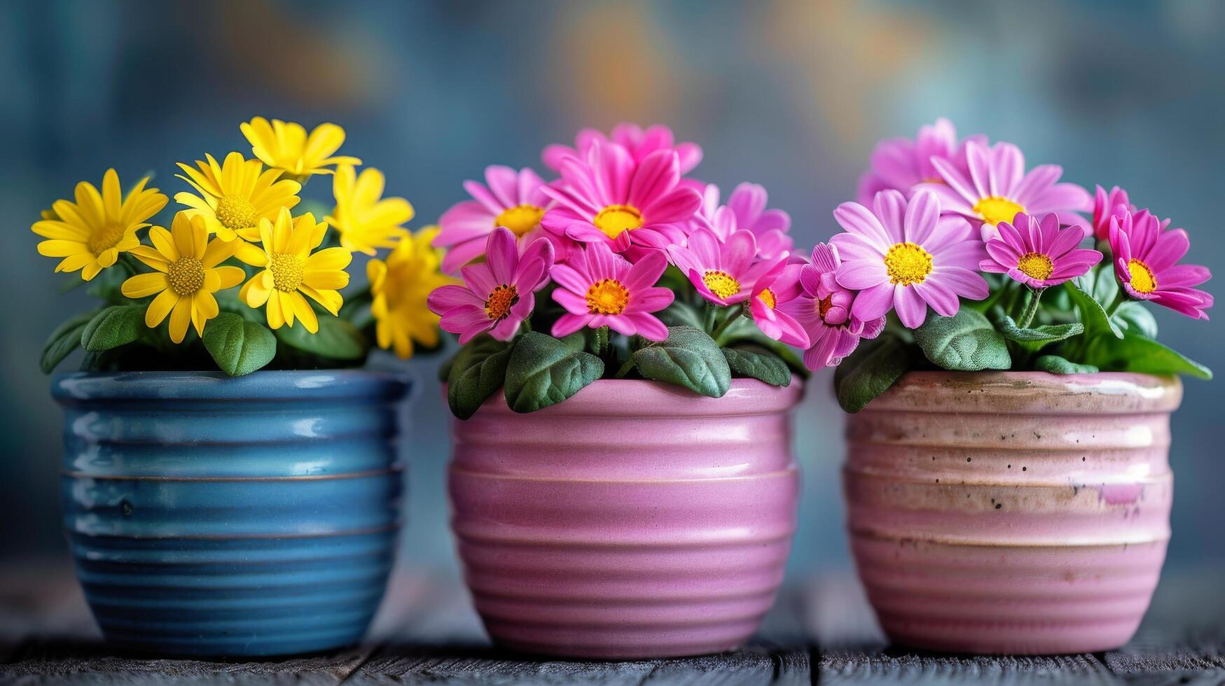 AI generated Three Pots With Flowers on Table photo