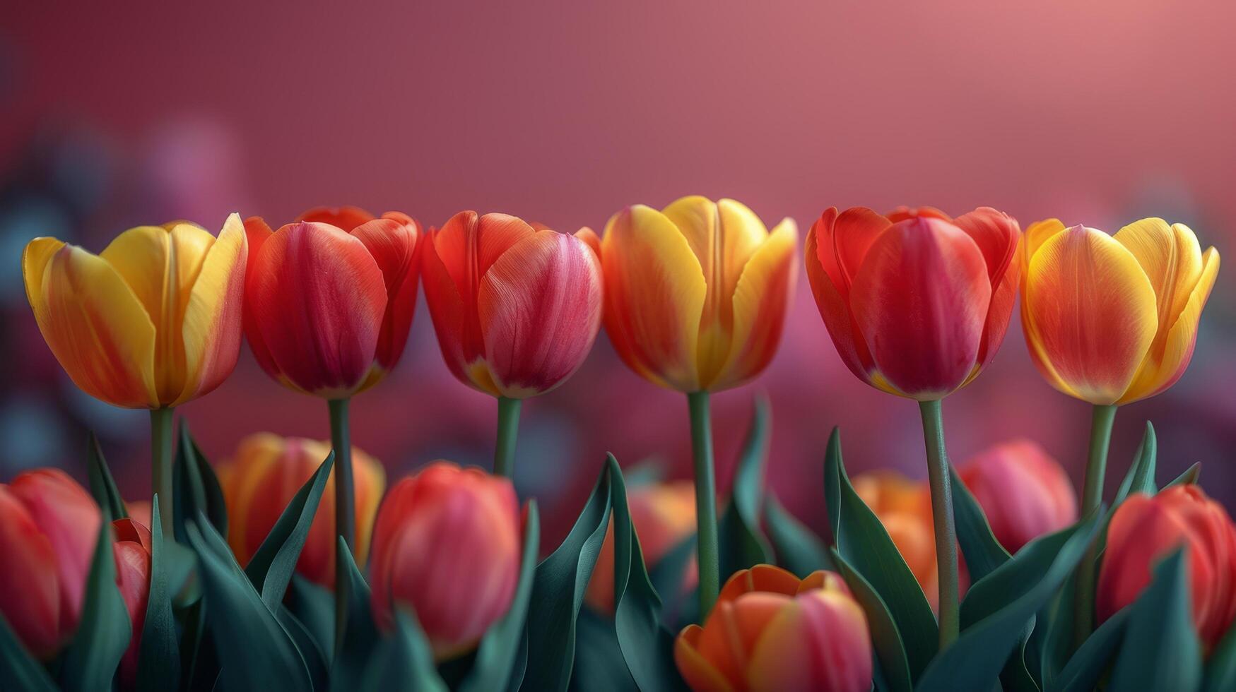 ai generado grupo de rojo y amarillo tulipanes con verde hojas foto