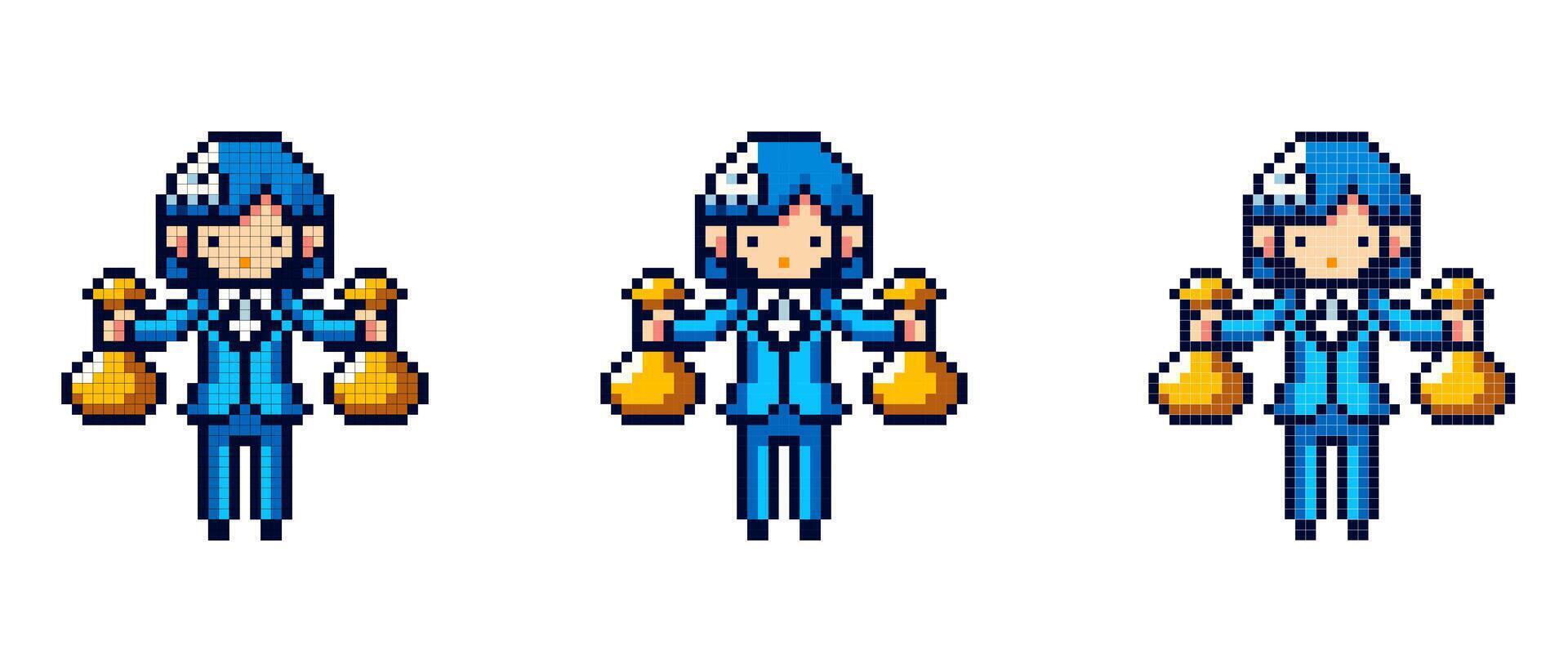 vector pixel icon with an office worker in a blue suit holding gold on a white background