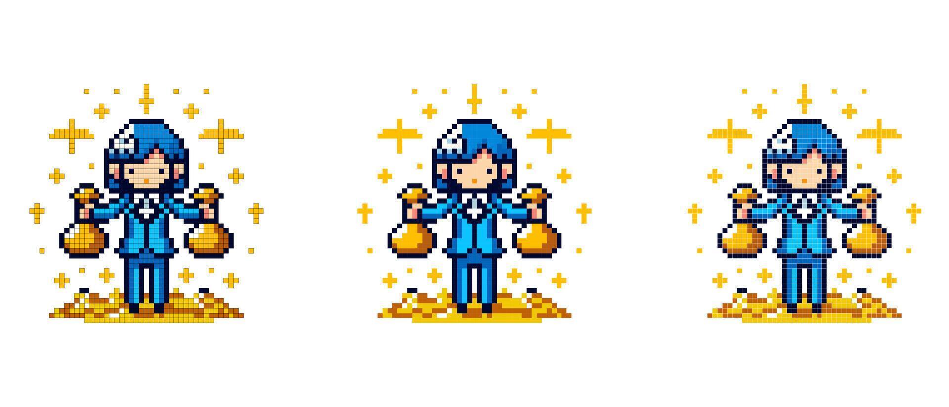 vector pixel icon with an office worker in a blue suit holding gold in his hands, he stands on gold on a white background