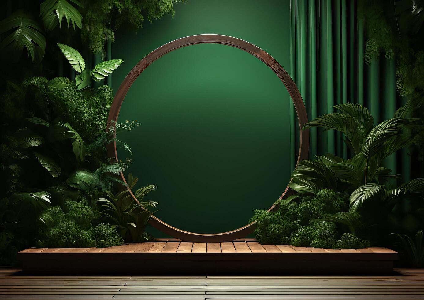 AI generated Cosmetics product advertising stand. Exhibition wooden podium on green background with leaves and shadows. Empty pedestal to display product packaging photo-realistic, realistic photo