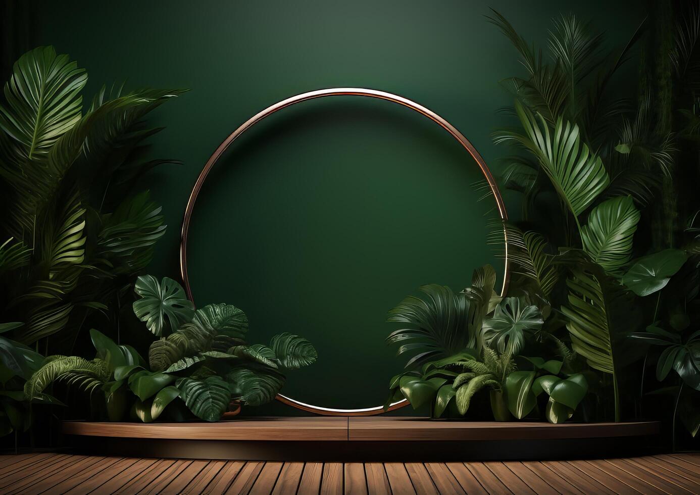 AI generated Cosmetics product advertising stand. Exhibition wooden podium on green background with leaves and shadows. Empty pedestal to display product packaging photo-realistic, realistic photo