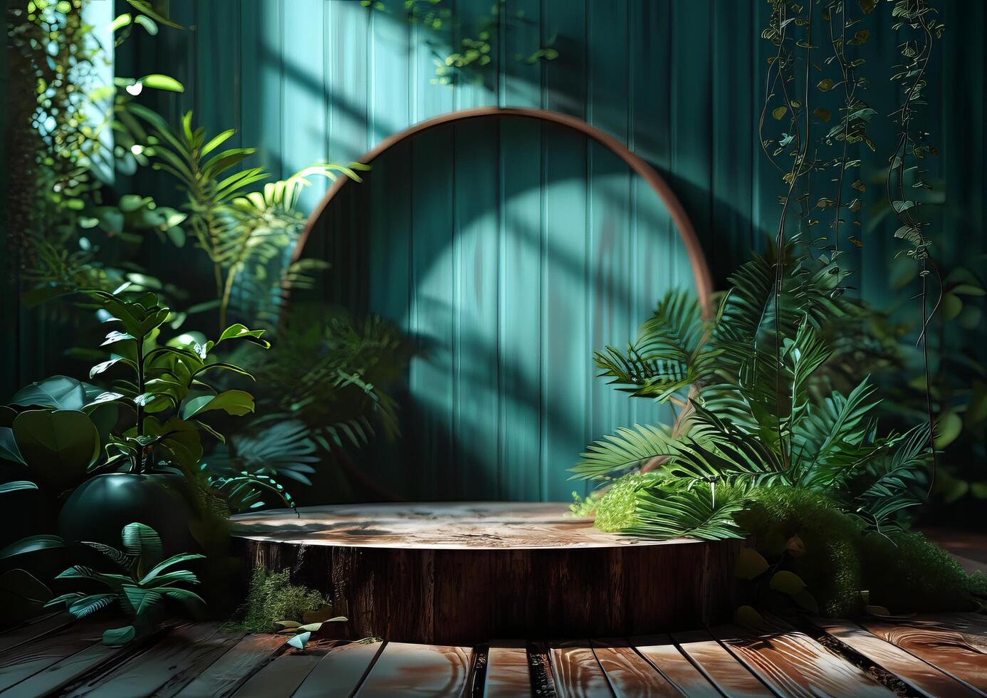 AI generated product advertising stand Exhibition wooden podium on green background with leaves and shadows Empty pedestal to display product packaging photo-realistic, realistic photo