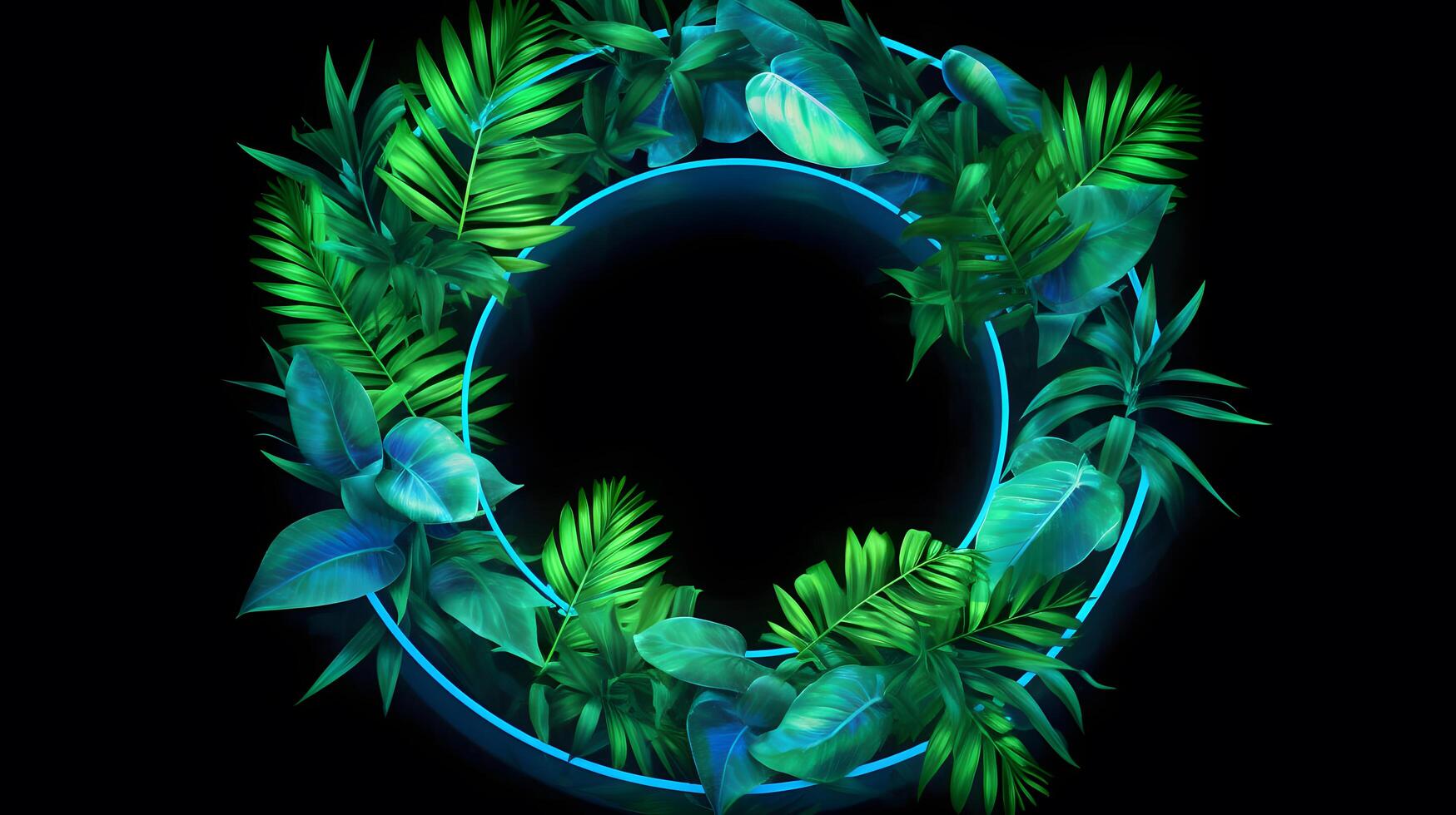 ai generado verde y azul neón ligero con tropical hojas tropicales hoja en neón colores foto