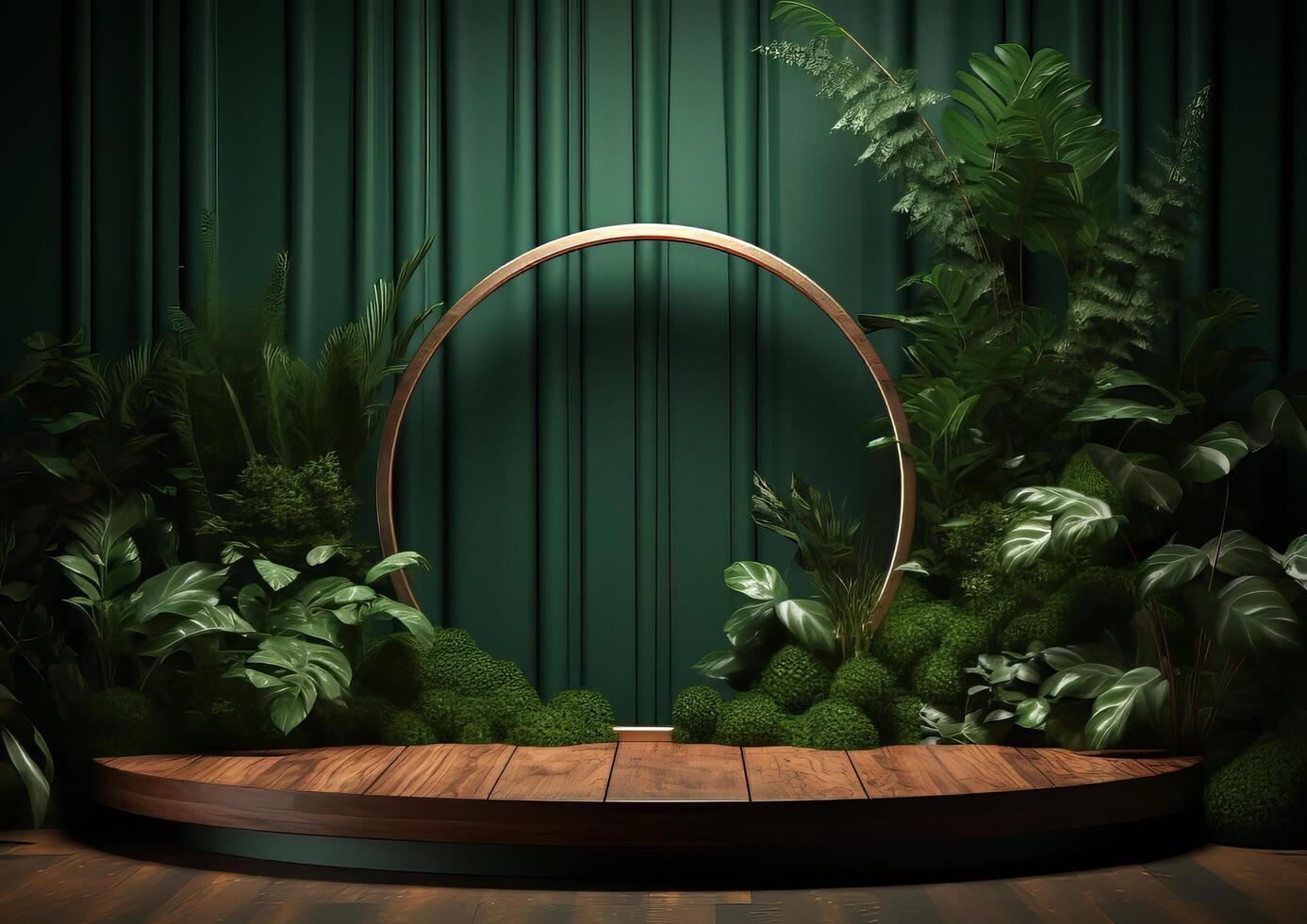 AI generated Cosmetics product advertising stand. Exhibition wooden podium on green background with leaves and shadows. Empty pedestal to display product packaging  photo-realistic photo