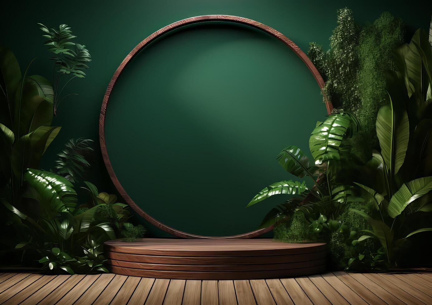 AI generated Cosmetics product advertising stand. Exhibition wooden podium on green background with leaves and shadows. Empty pedestal to display product packaging  photo-realistic photo