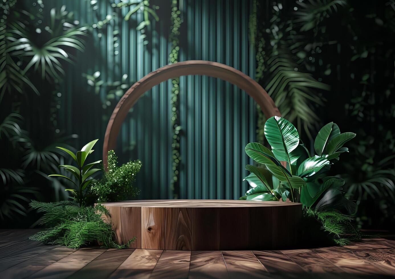 AI generated Cosmetics product advertising stand. Exhibition wooden podium on green background with leaves and shadows. Empty pedestal to display product packaging photo-realistic, realistic photo