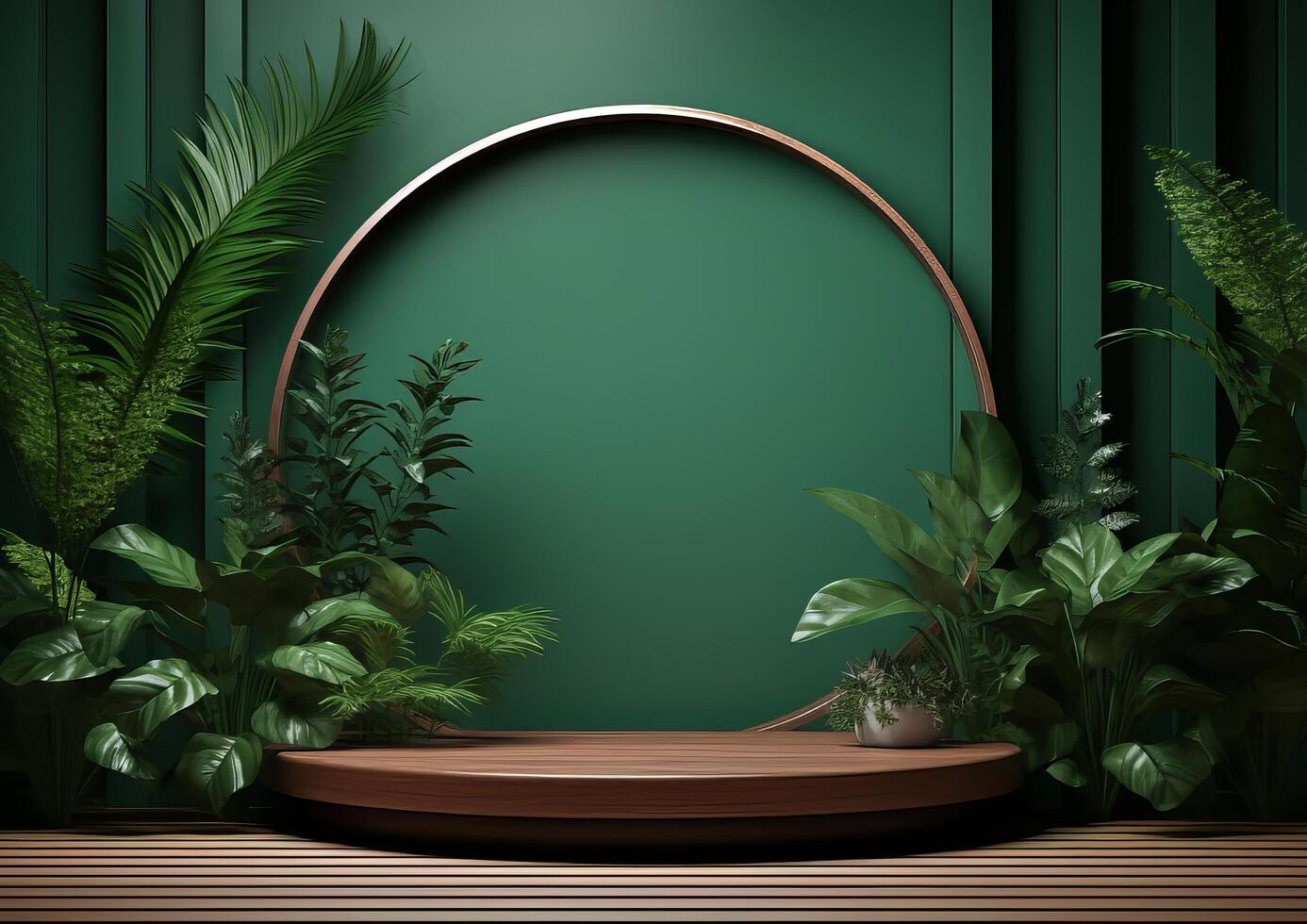 AI generated Cosmetics product advertising stand. Exhibition wooden podium on green background with leaves and shadows. Empty pedestal to display product packaging  photo-realistic photo