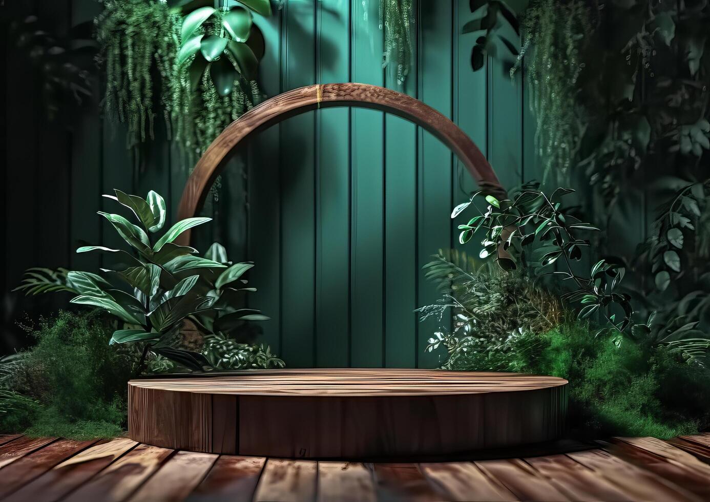 AI generated Cosmetics product advertising stand. Exhibition wooden podium on green background with leaves and shadows. Empty pedestal to display product packaging photo-realistic, realistic photo