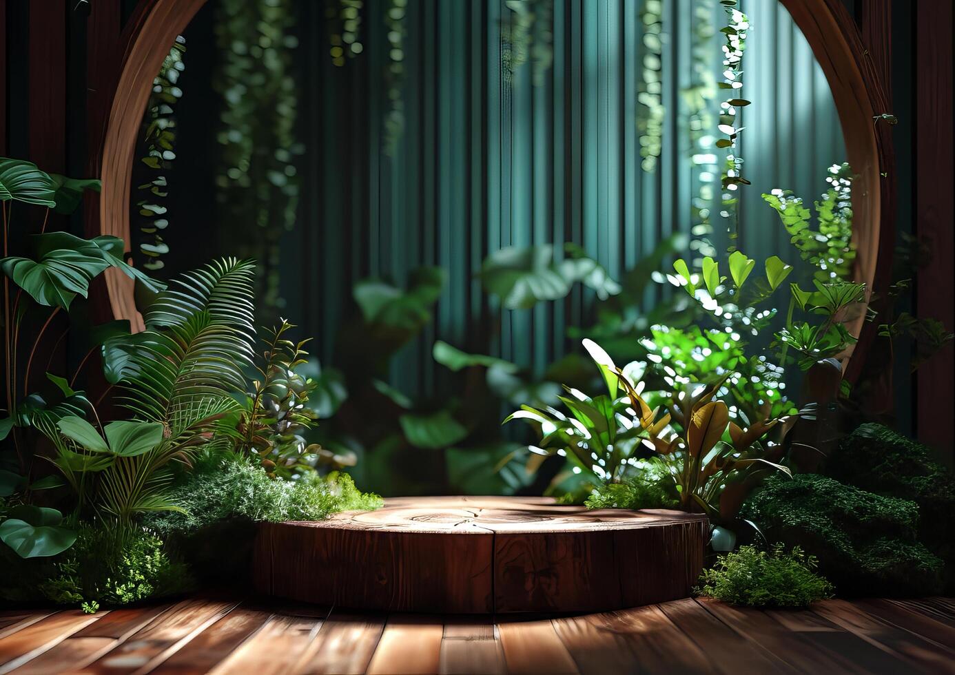 AI generated Cosmetics product advertising stand. Exhibition wooden podium on green background with leaves and shadows. Empty pedestal to display product packaging photo-realistic, realistic photo