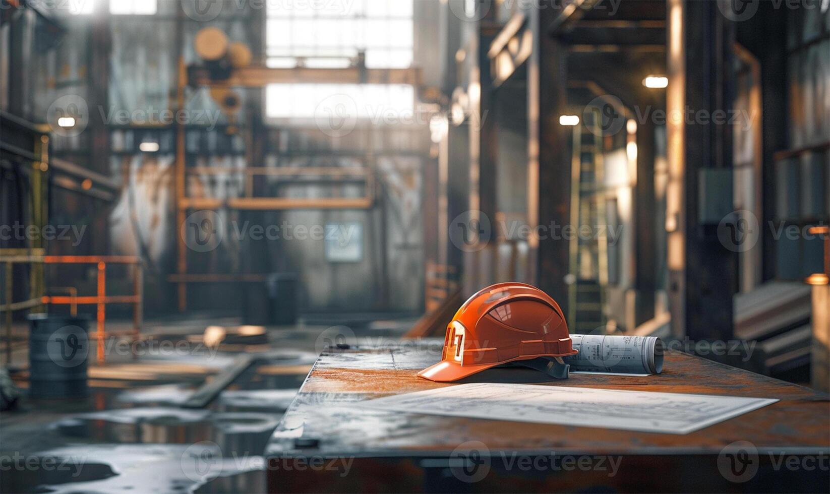 ai generado arquitectónico antecedentes. casco de seguridad y dibujos en el mesa foto