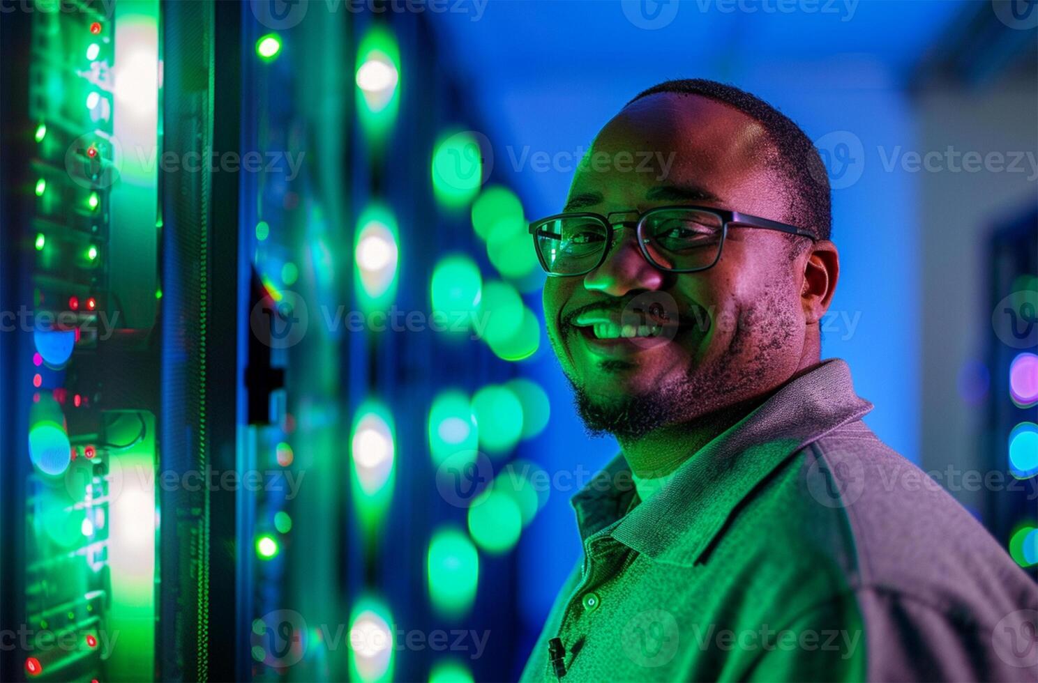 AI generated Portrait of young man standing with arms crossed against server room in data center photo
