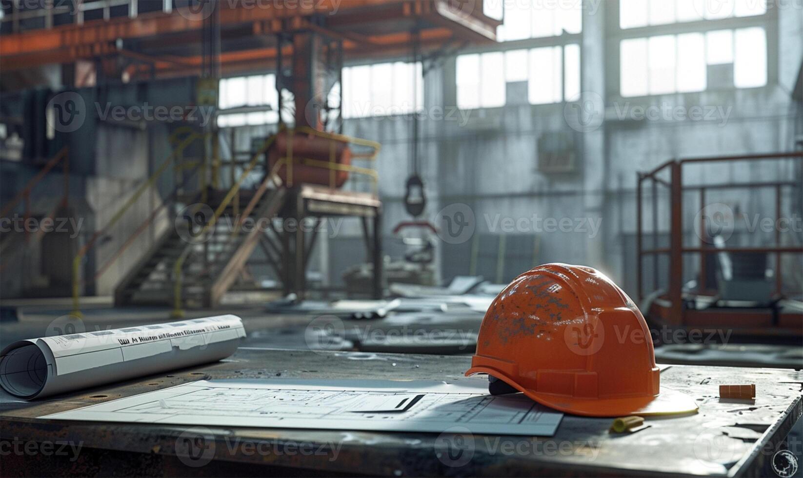AI generated Architectural background. Hardhat and drawings on the table photo