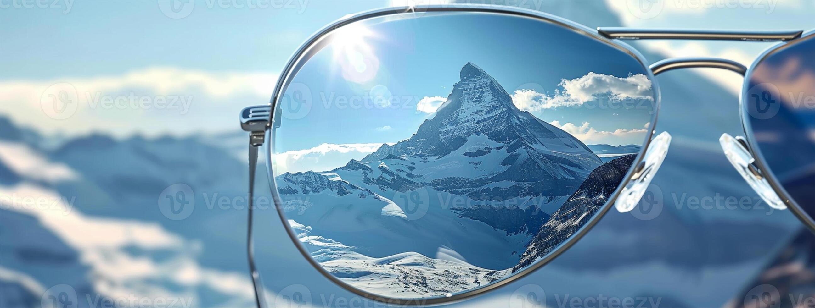 AI generated Sunglasses on a background of snow-capped mountains. photo