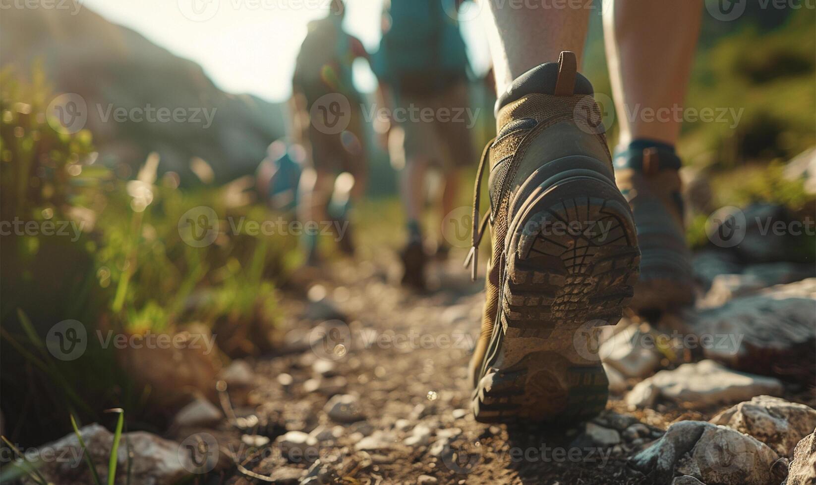 AI generated Hikers walking on a trail in the mountains. Close-up of a pair of hiking shoes photo