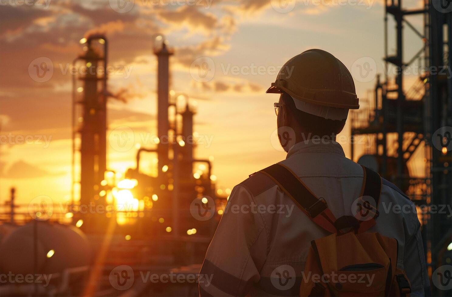 ai generado ingeniero o técnico a el petróleo y gas refinería planta a puesta de sol o amanecer hora foto