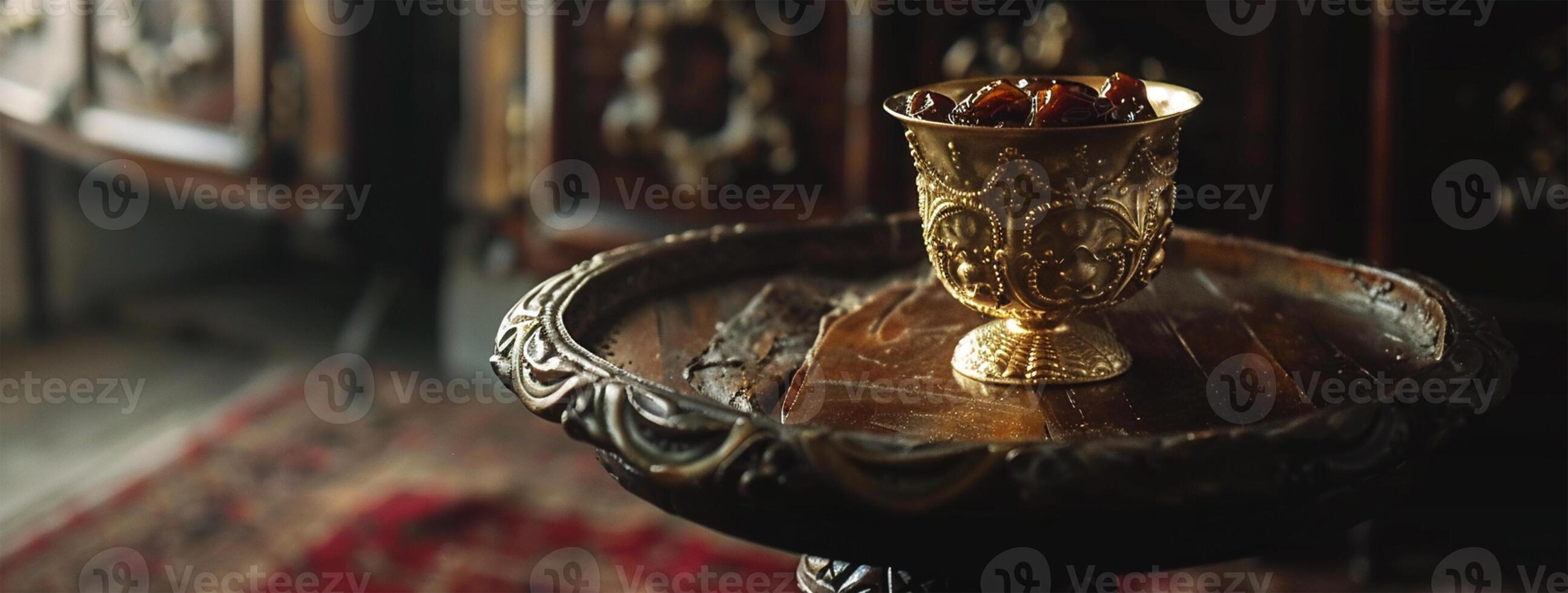 AI generated Ramadan Kareem concept. Dried dates in a bowl on a wooden background. Selective focus photo