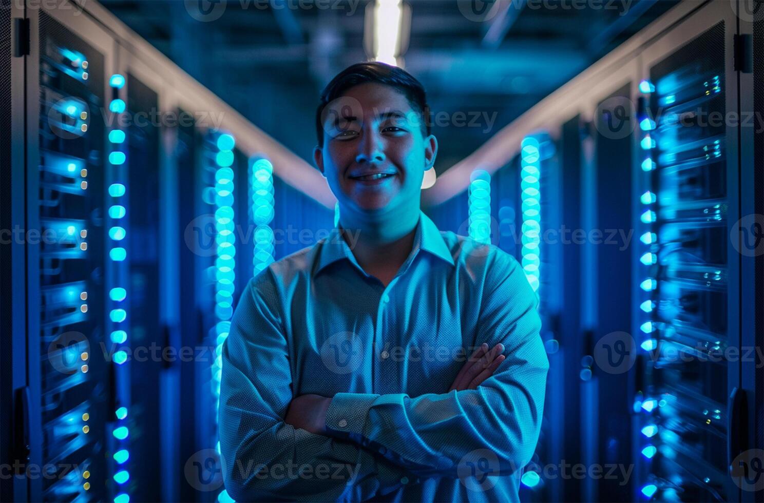 AI generated Portrait of young man standing with arms crossed against server room in data center photo