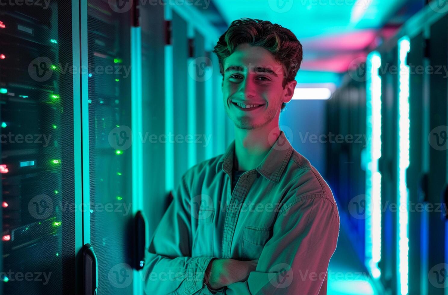 AI generated Portrait of young man standing with arms crossed against server room in data center photo