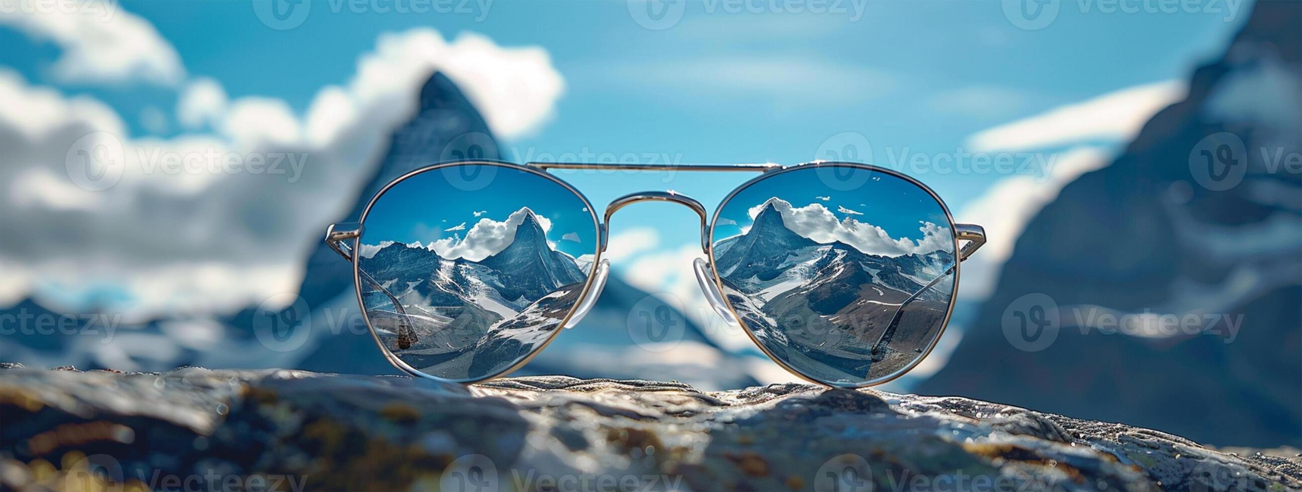 AI generated Sunglasses on a background of snow-capped mountains. photo