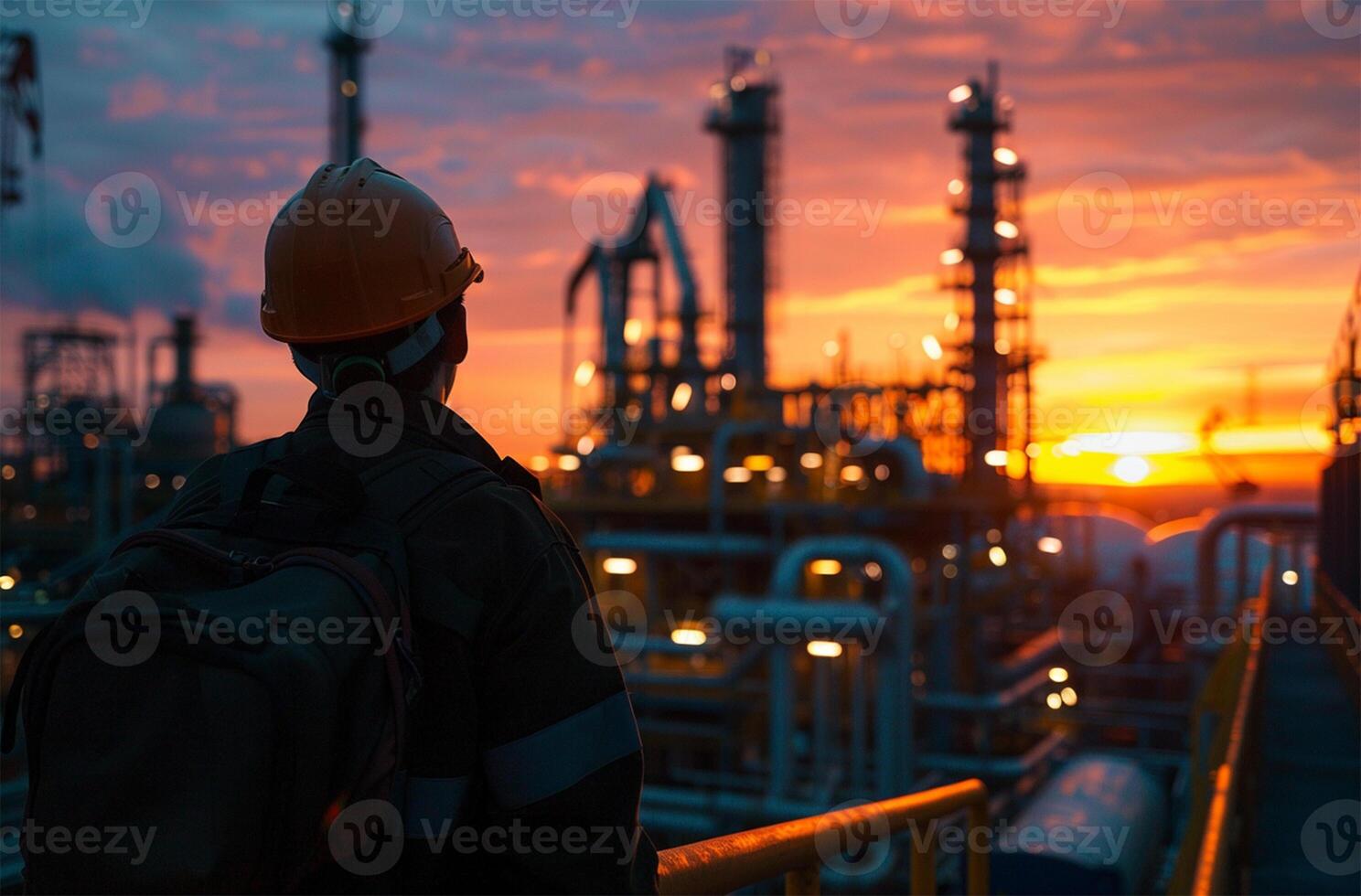 ai generado ingeniero o técnico a el petróleo y gas refinería planta a puesta de sol o amanecer hora foto