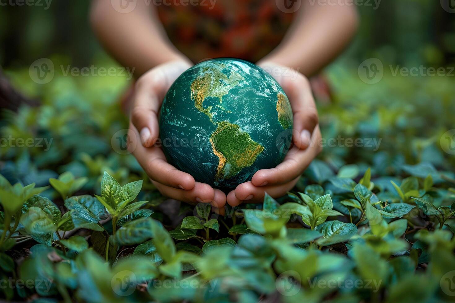 AI generated Hands Protecting Earth in Lush Greenery for Environmental Concept photo