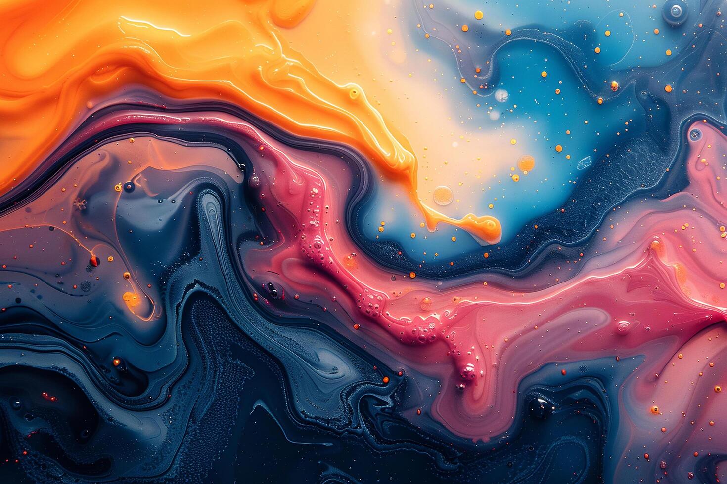 AI generated Vivid abstract texture with orange and blue paint swirls and droplets. photo