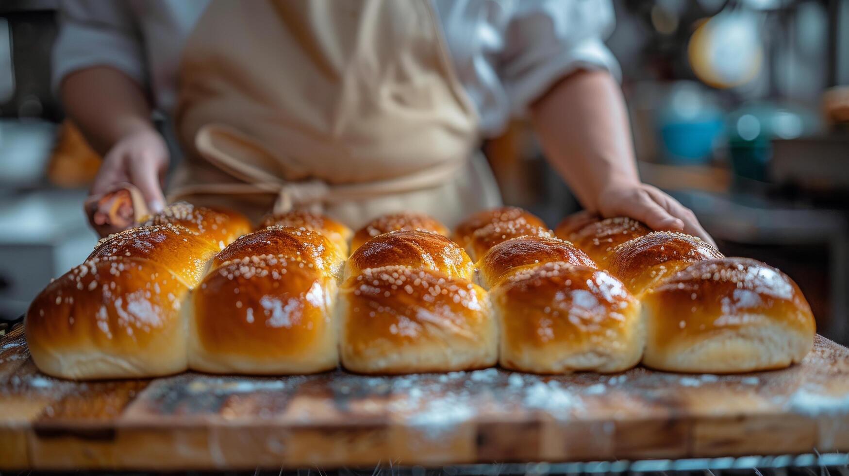 ai generado bandeja de un pan rollos Cocinando en parrilla foto