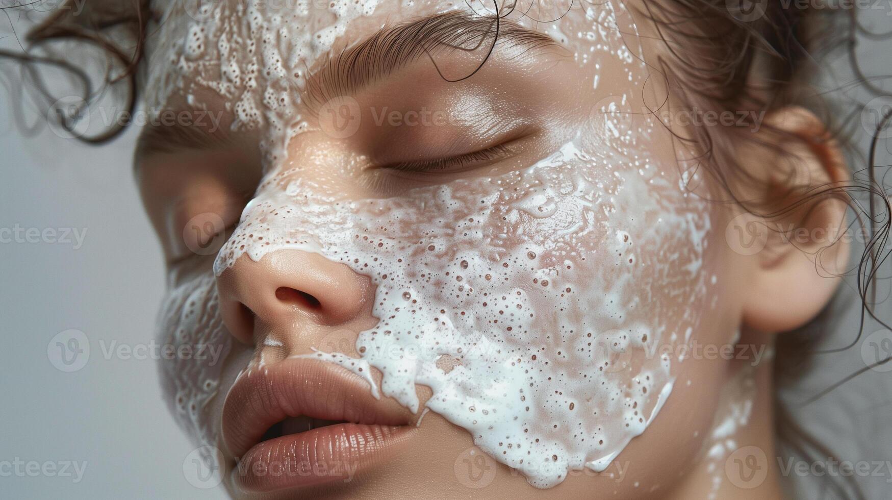 AI generated white facial mask filled with lather on the skin photo