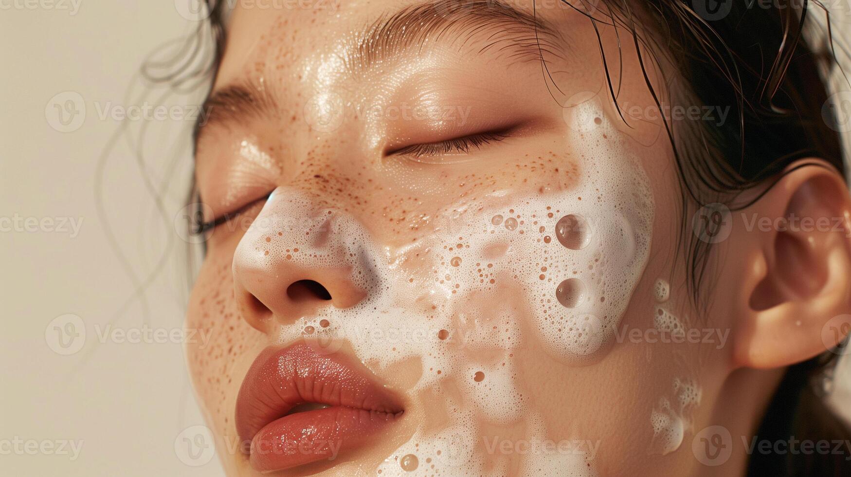 AI generated white facial mask filled with lather on the skin photo