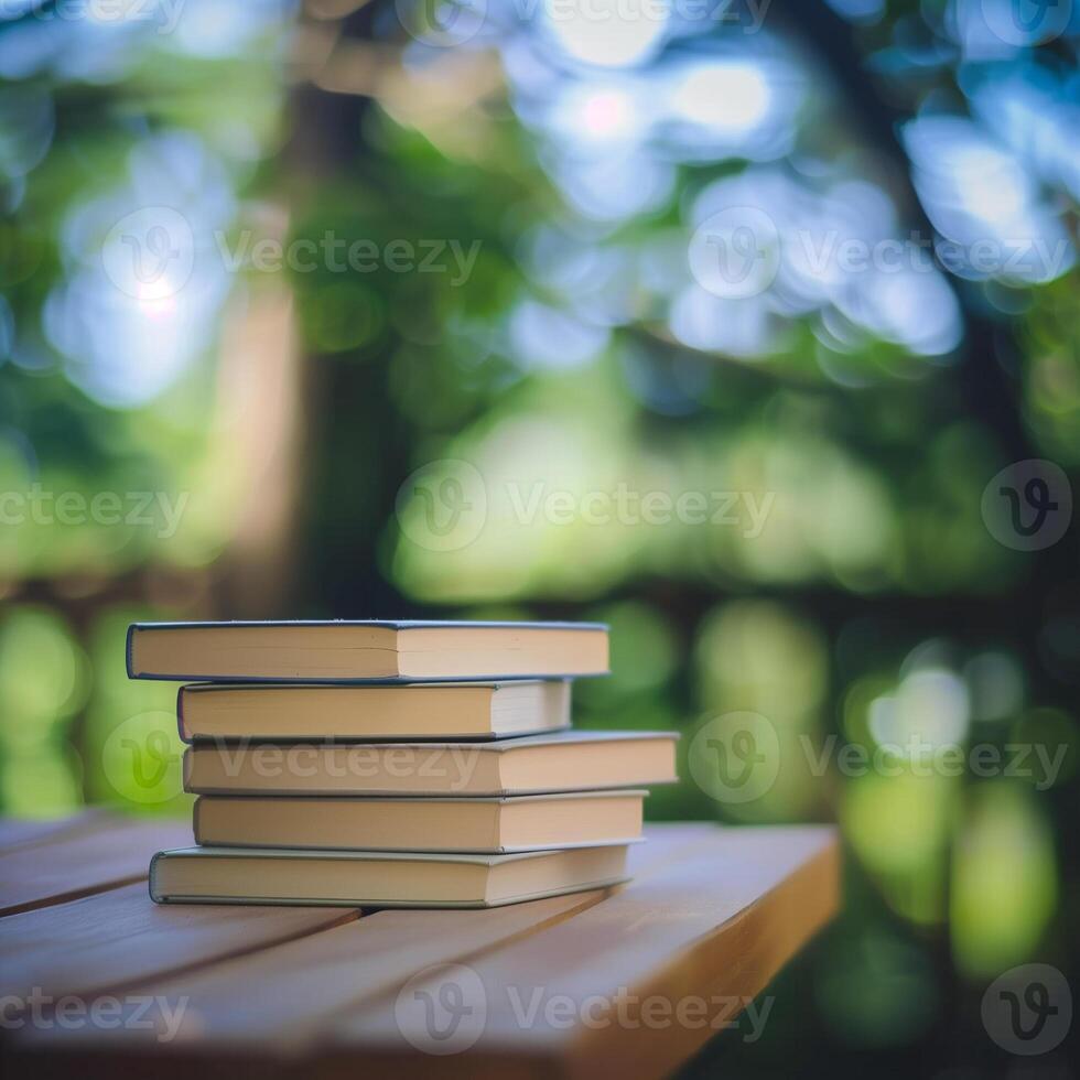 AI generated stacked book with naturak blurred background photo