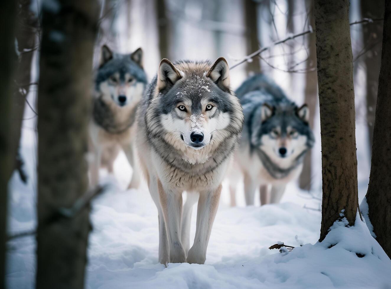 AI generated canadian wolf in winter forest.Generative Ai photo