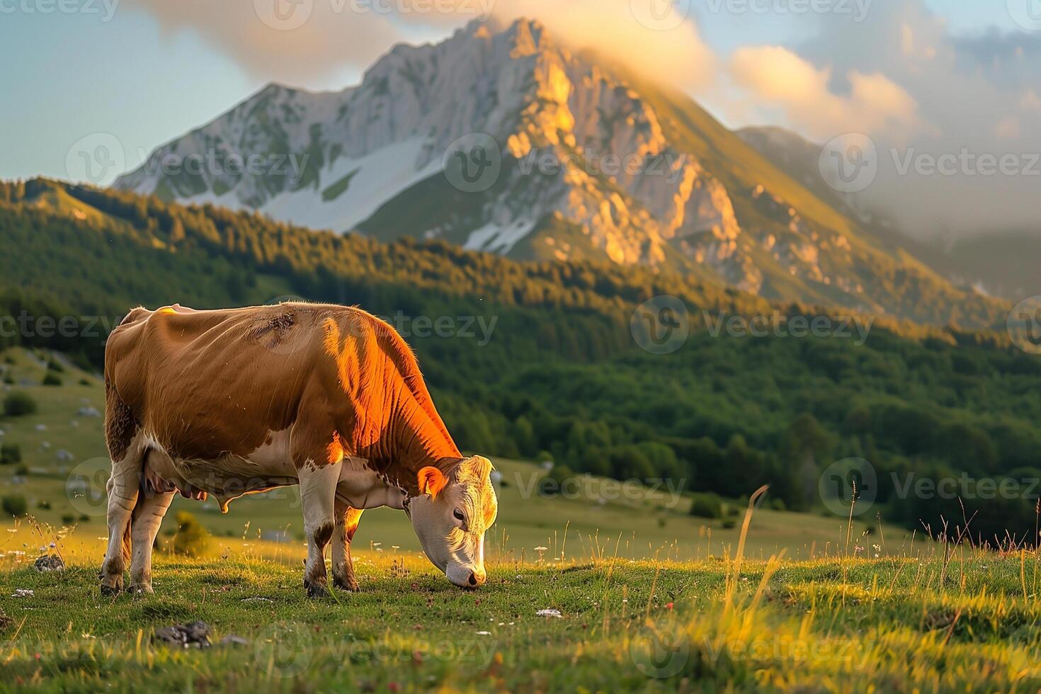 AI generated cow grazing in meadow with beautiful mountain and sky .Generative Ai photo