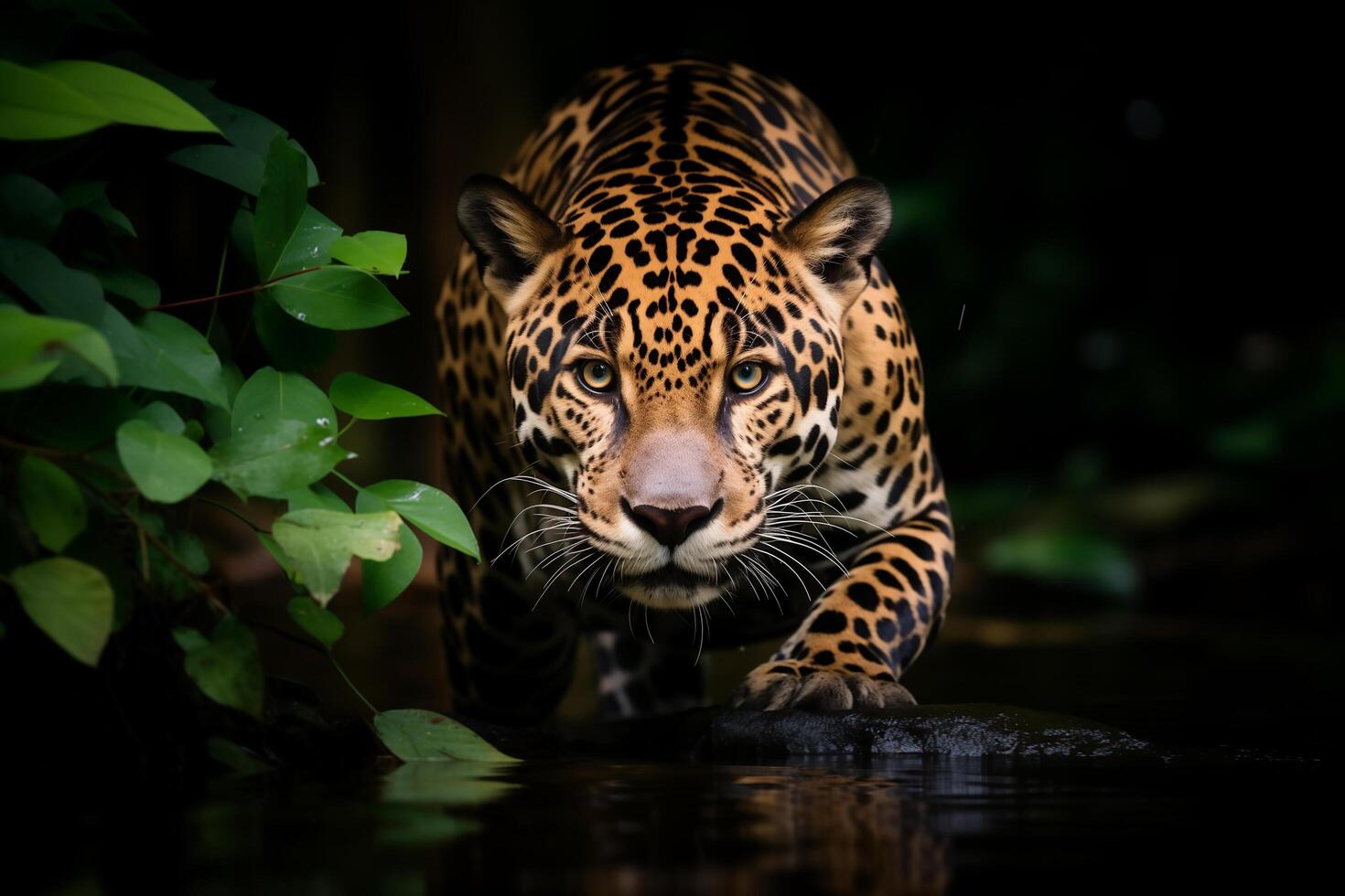 AI generated jaguar in the dark forest.Generative Ai photo