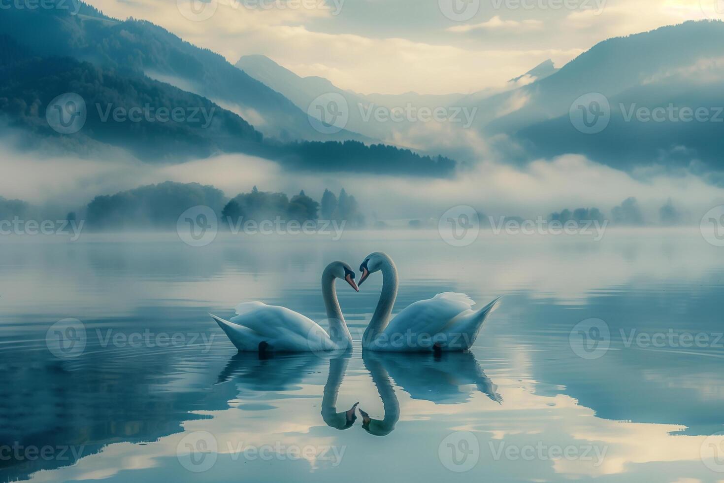 AI generated Romantic couple of swans in the lake mountain background with fog.Generative Ai photo