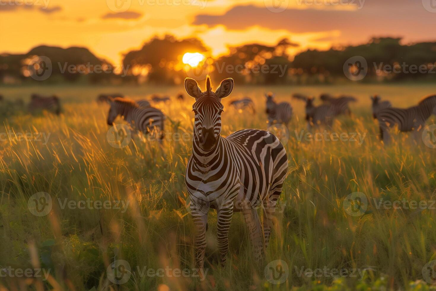 AI generated Herd of zebra in the evening.Generative Ai photo
