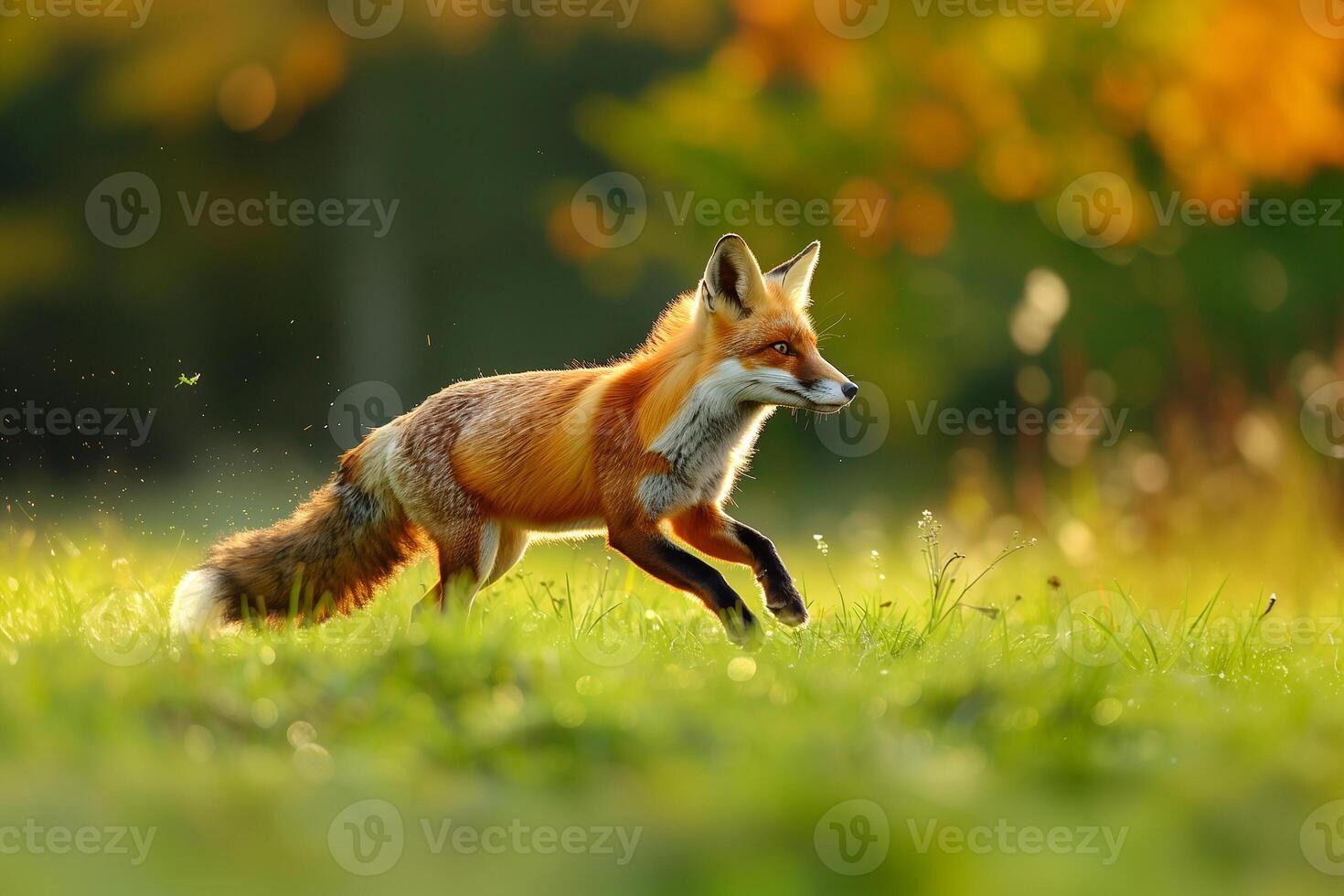 AI generated red fox running in a meadow.Generative AI photo