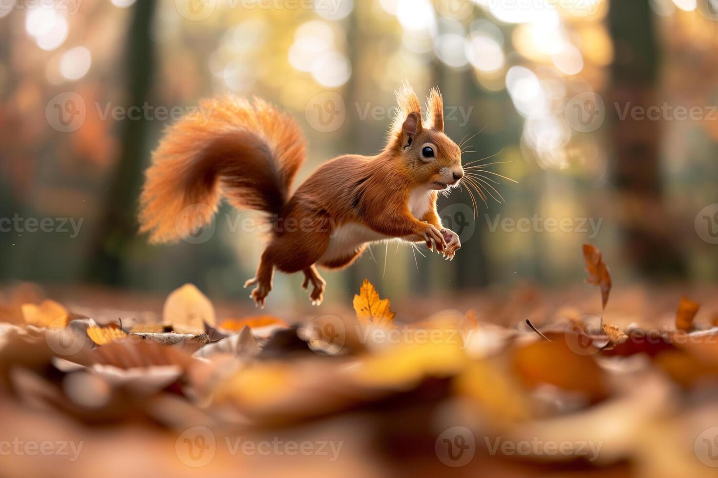 AI generated red squirrel in autumn forest .Generative AI photo