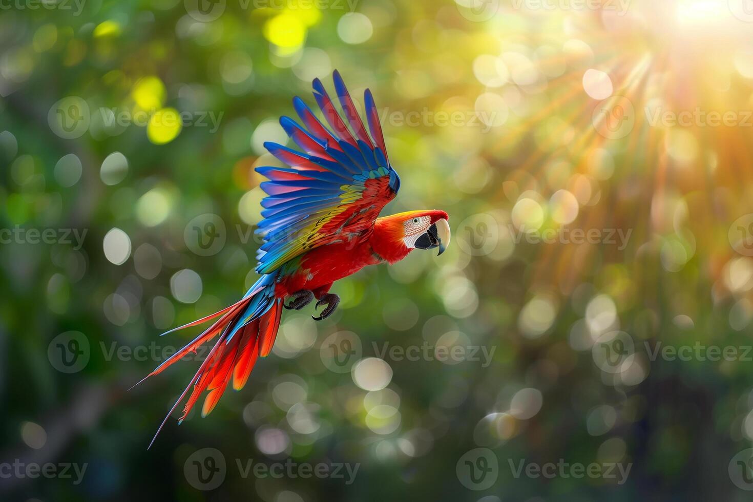 AI generated Scarlet Macaw flying in tropical forest.Generative AI photo