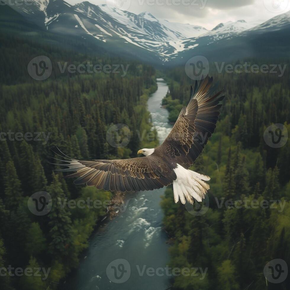 AI generated bald eagle flying with mountains in the background,Generative Ai photo