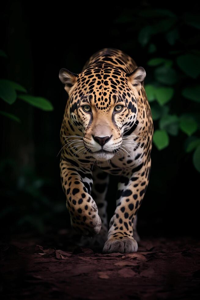 AI generated jaguar in the dark forest.Generative Ai photo