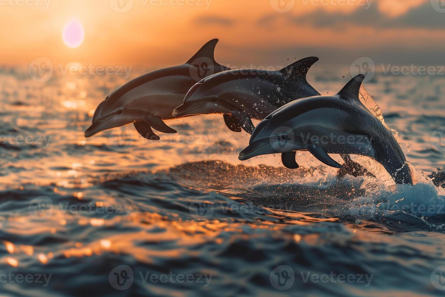 AI generated Dolphin jumping over the sea at sunset.Generative AI photo