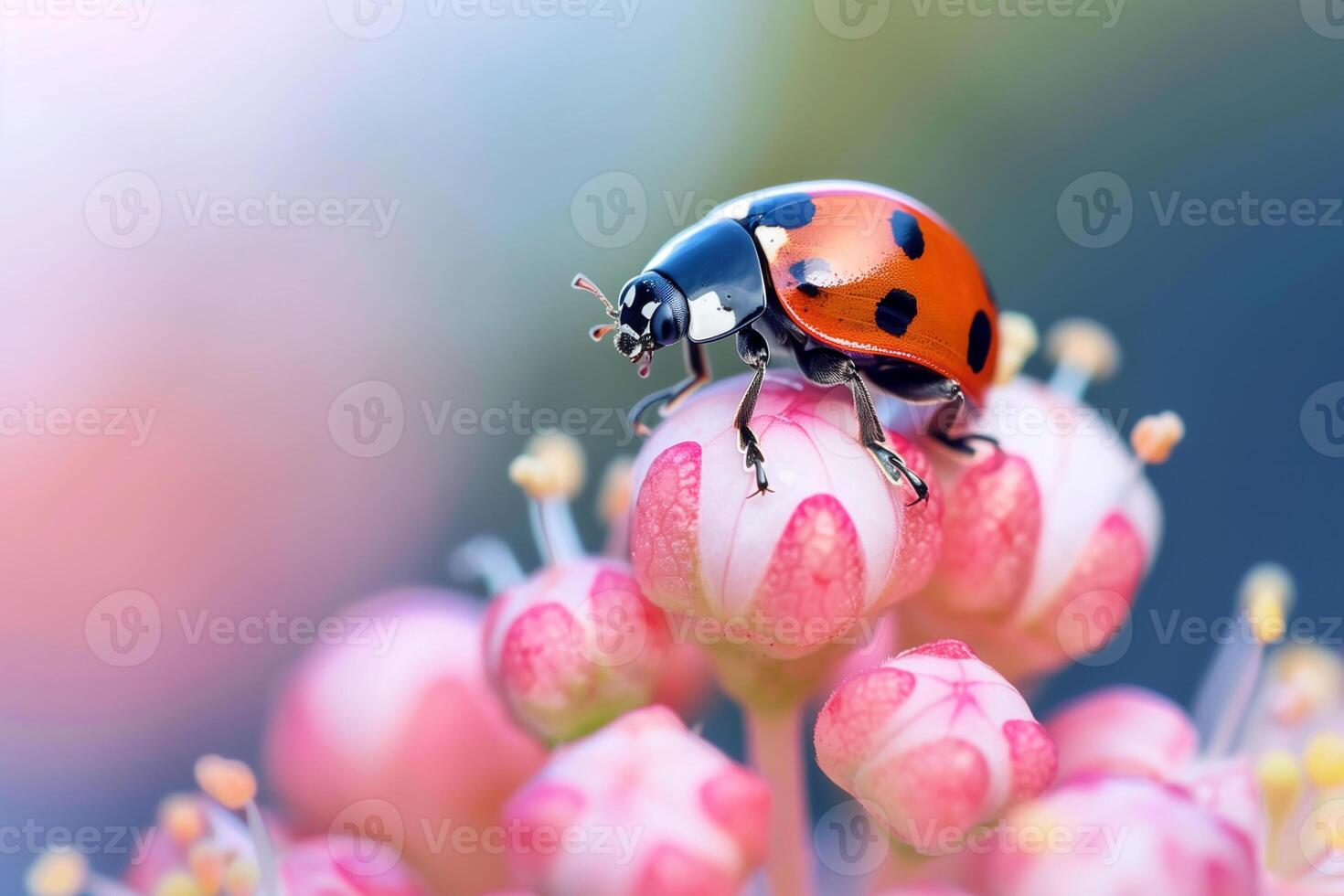 AI generated Red ladybug on a  flowers  beautiful insect in nature.Generative Ai photo