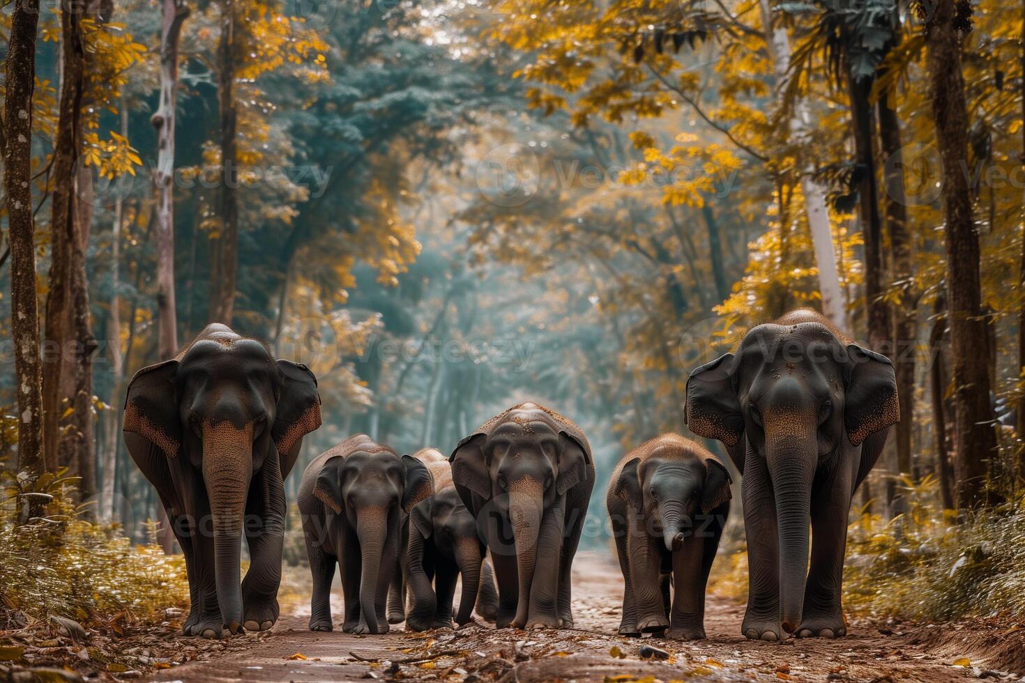 AI generated Elephant family walking through the forest.Generative Ai photo