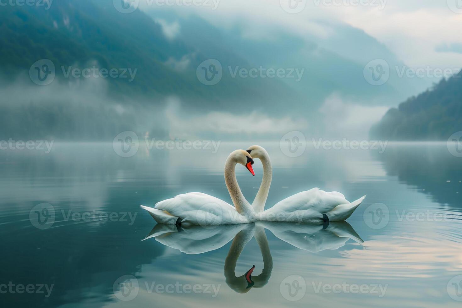 ai generado romántico Pareja de cisnes en el lago montaña antecedentes con niebla.generativa ai foto