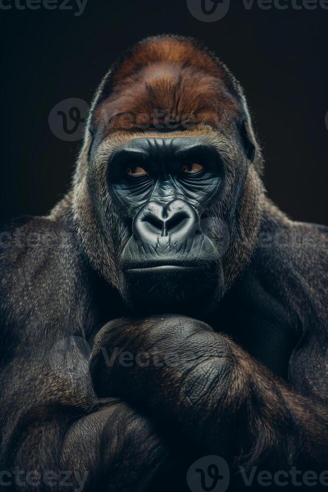 AI generated Portrait dominant male gorilla on black background.Generative Ai photo