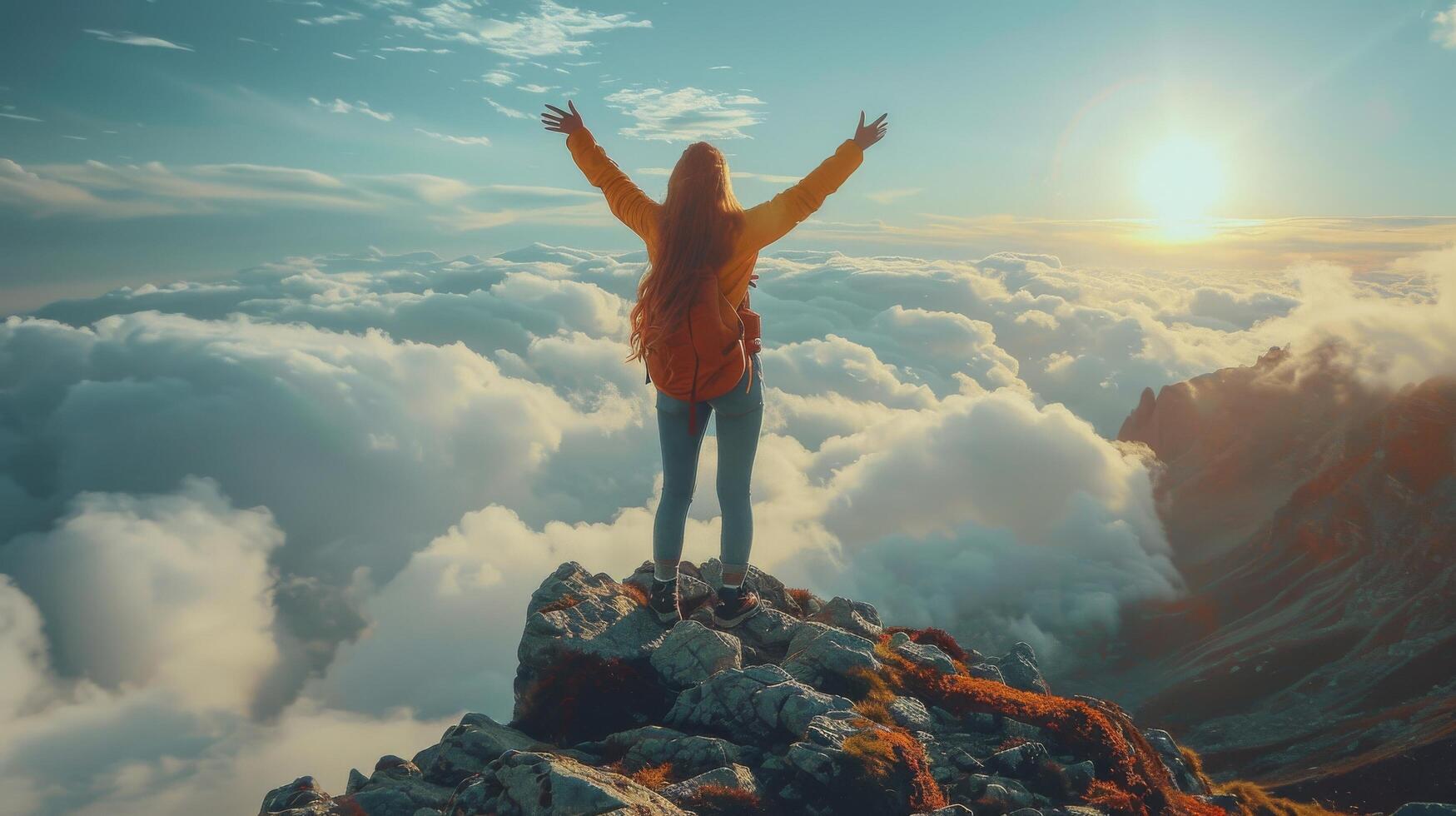 AI generated Woman Standing on Top of Mountain With Outstretched Arms photo