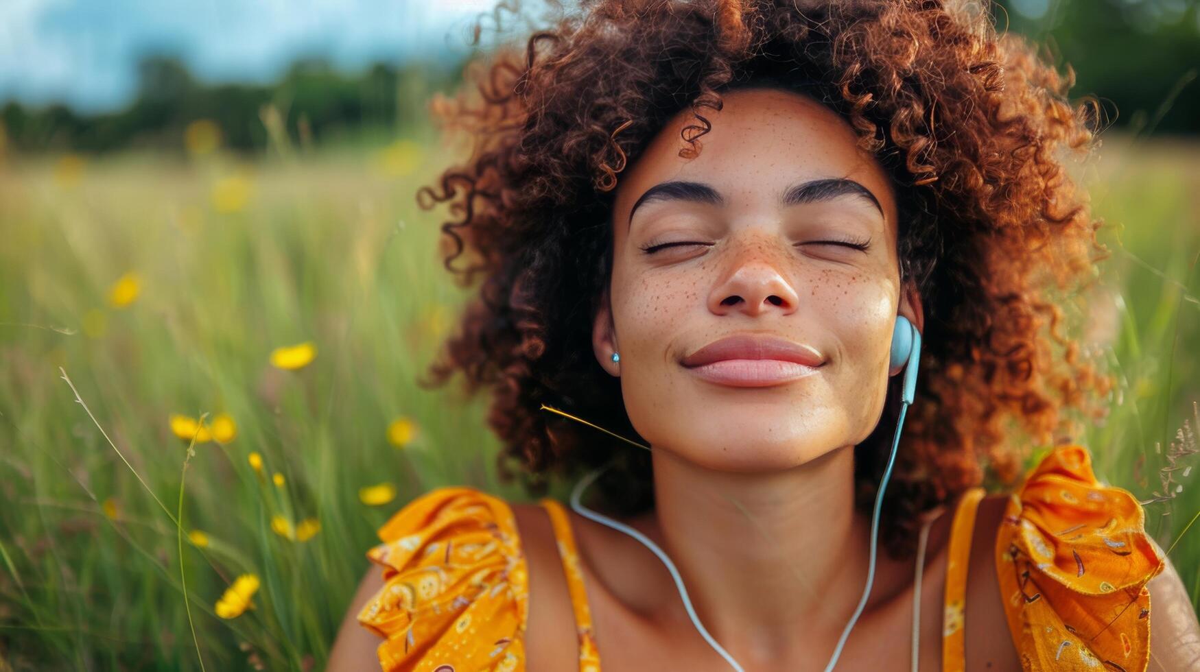 AI generated Woman With Headphones Sitting in Field photo