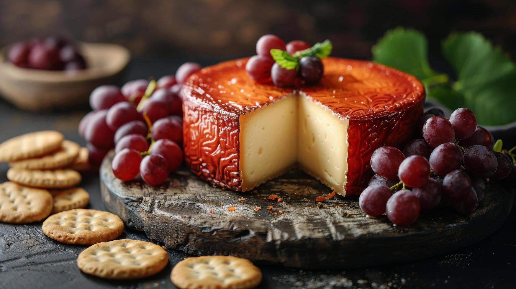 ai generado plato con queso, galletas saladas, y uvas foto